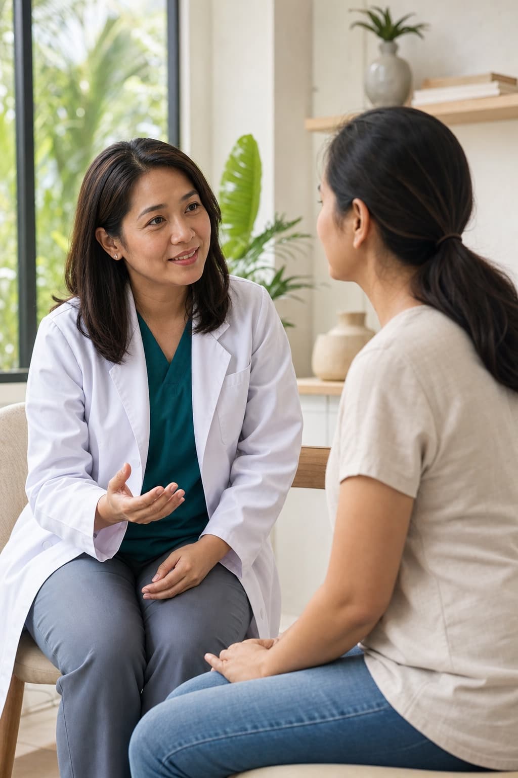A doctor speaking with a patient in a bright clinic